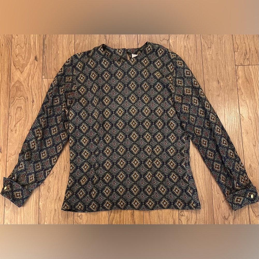 Avery Quinn Size 4 Small Pure Silk Long Sleeve Blouse Multicolor Pattern Vintage
